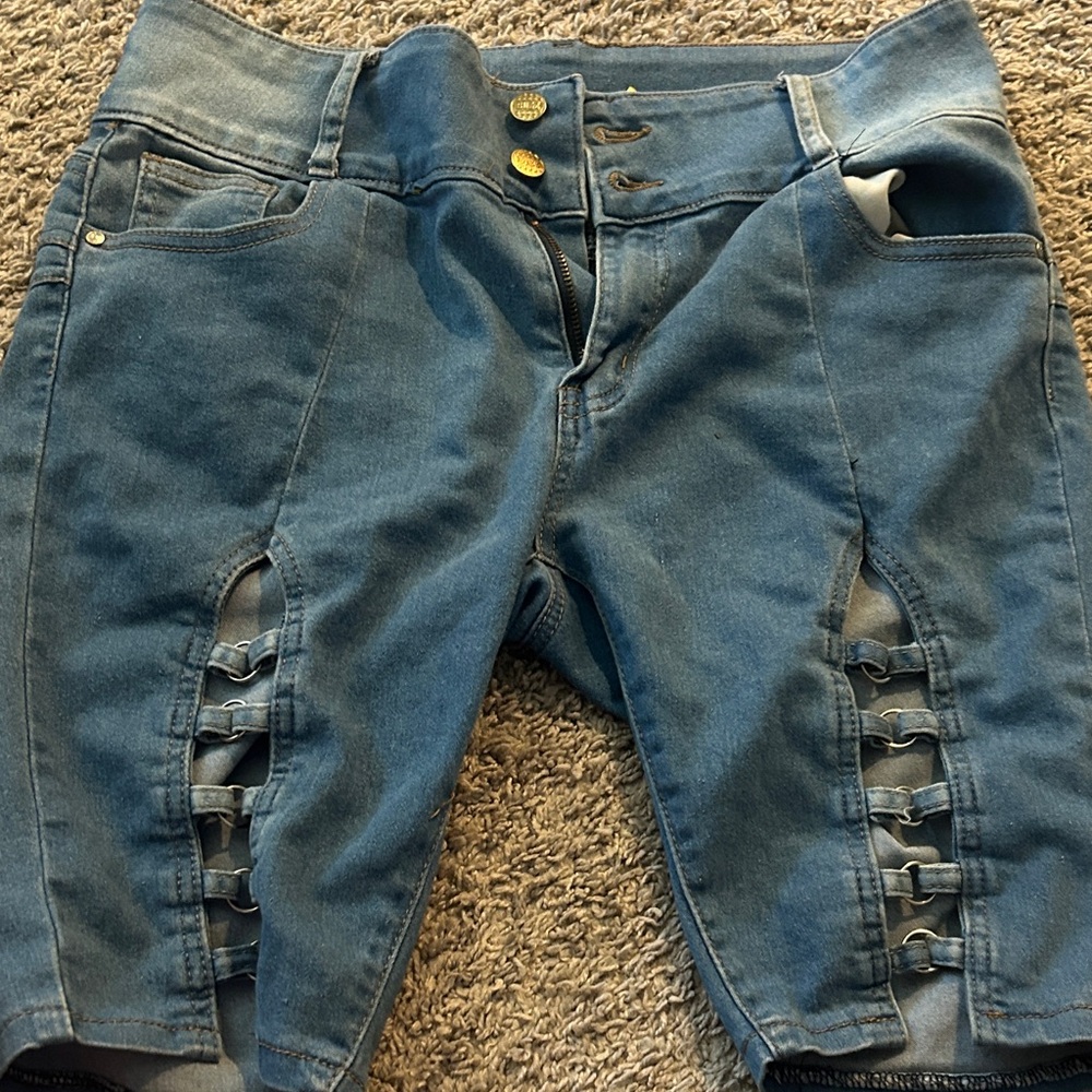 Blue Distressed Jean Shorts with Ladder Rips